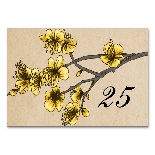 Yellow Vintage Cherry Blossoms Table Card