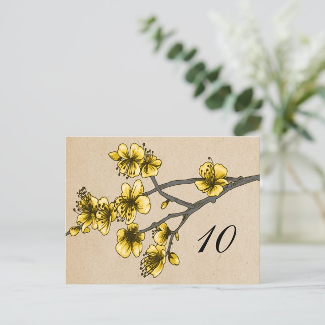 Yellow Vintage Cherry Blossoms Table Number (Standing Front)