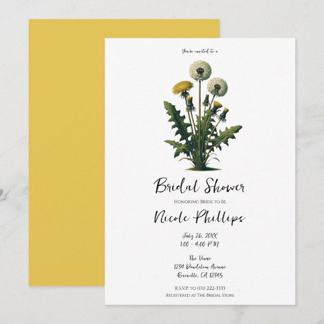 Yellow Vintage Dandelion Flowers Bridal Shower  Invitation (Front/Back)