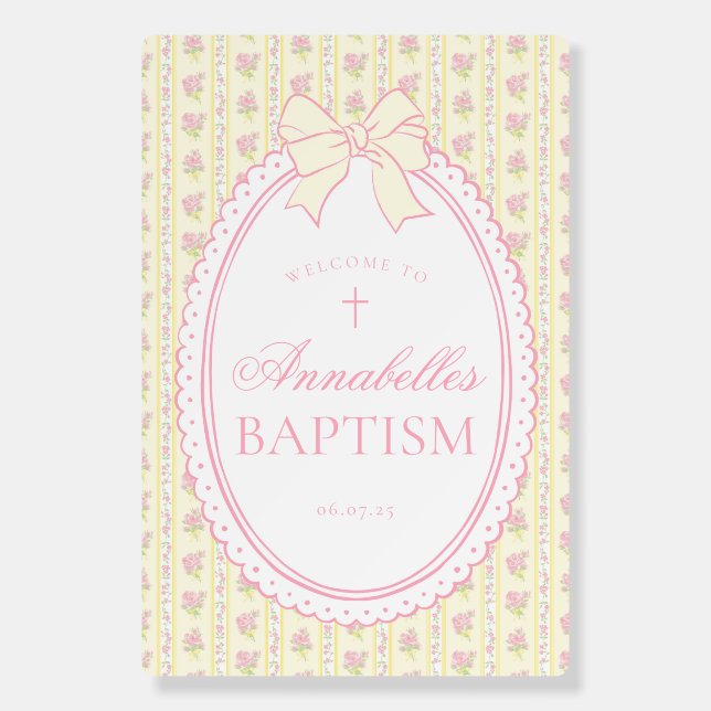 Yellow Vintage Fancy Floral Baptism Welcome Sign (Front)