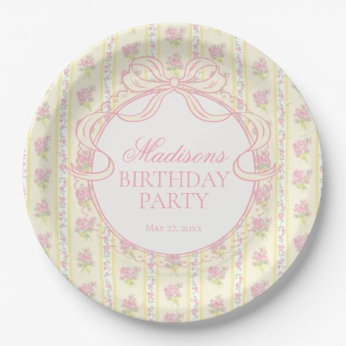 Yellow Vintage Fancy Floral Birthday Party Paper Plates