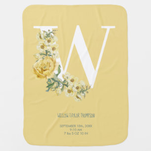 Yellow Vintage Flowers Initial Baby Birth Stats Baby Blanket