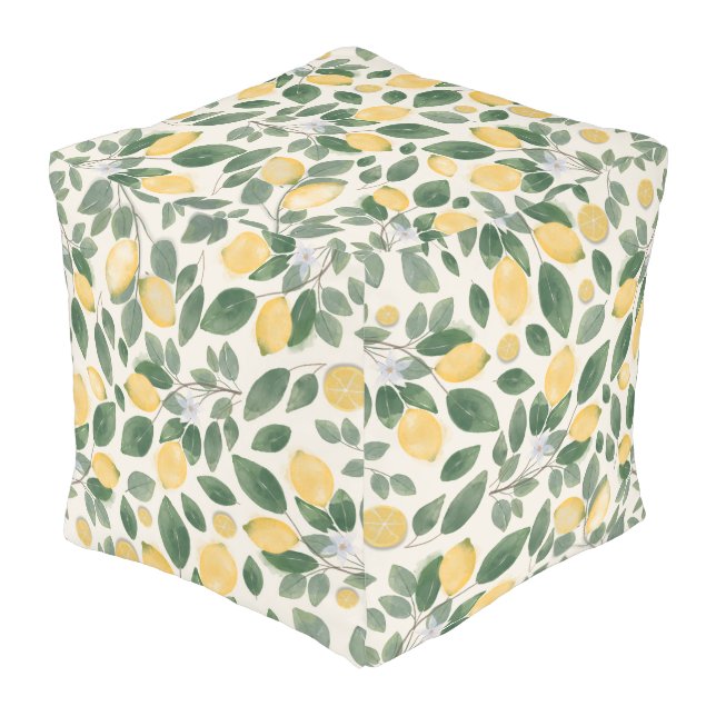 Yellow Vintage Lemons Green Leaves Pouf (Angled Front)
