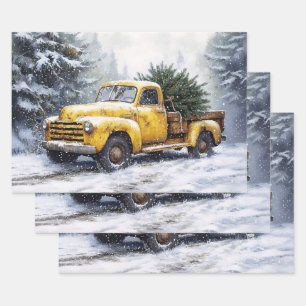 Yellow Vintage Pickup Truck Christmas Tree Wrapping Paper Sheets