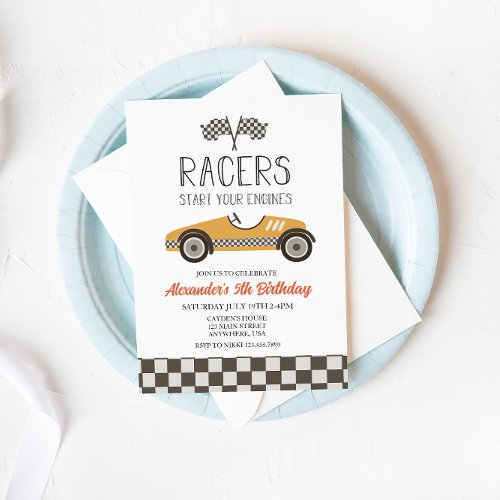 Yellow Vintage Race Car Birthday Invitation