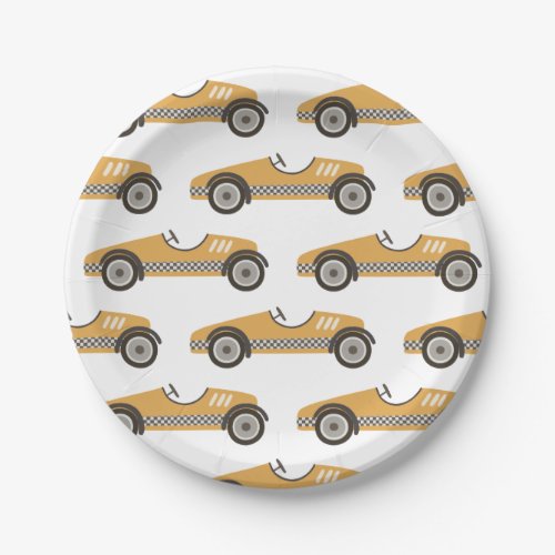 Yellow Vintage Race Car Birthday Paper Plates