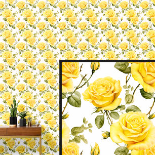 Yellow Vintage Rose Floral Shabby Chic on White Wallpaper