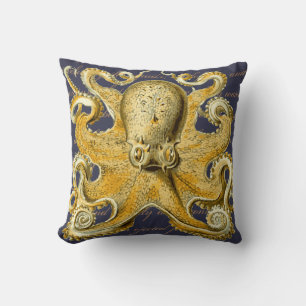 Yellow Vintage Sea Creature Octopus Nautical Throw Pillow