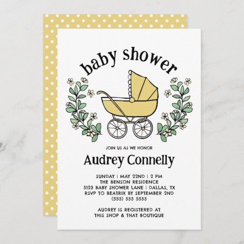 Yellow Vintage Stroller Greenery Baby Shower Invitation