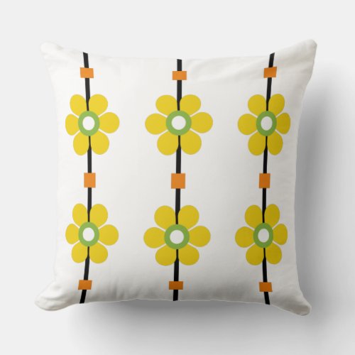 Yellow Vintage Style Mid Century Flower Power Throw Pillow