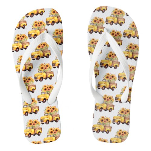 Yellow Vintage Truck with Sunflowers Watercolor  Flip Flops