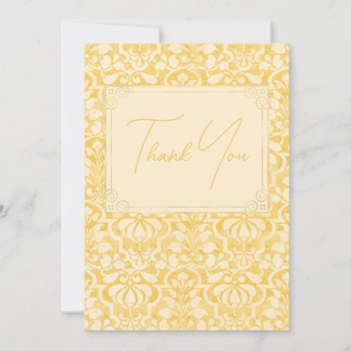 Yellow Vintage Victorian Damask With Foil Border Thank You Card