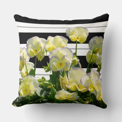Yellow Violas Over Black And White Stripes Pillow