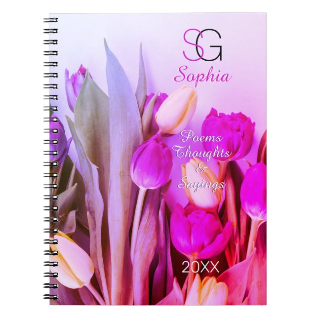 Yellow Violet Pink Tulips Name Monogram Title Year Notebook (Front)