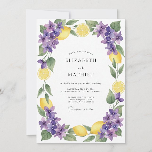 Yellow Violet Radiant Citrus Wedding Invitation (Front)