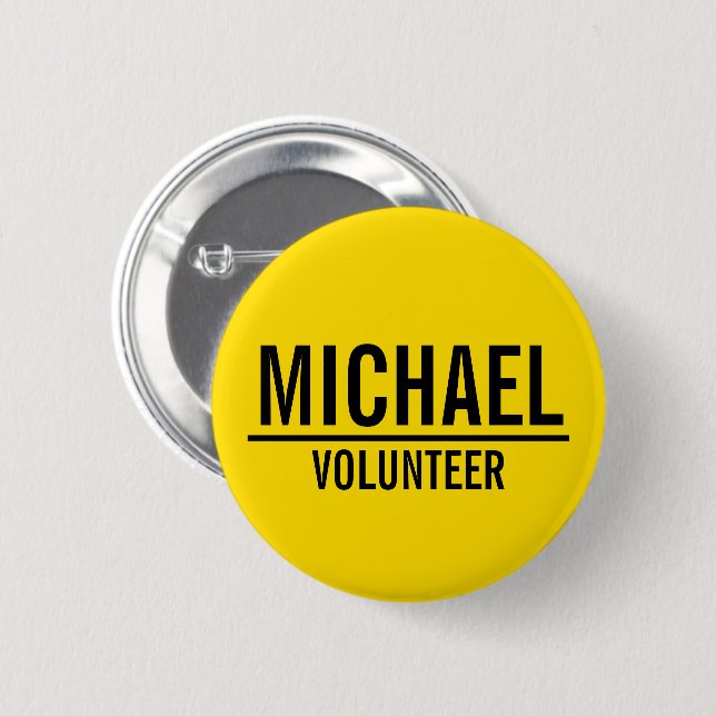 Yellow Volunteer Badge with Custom Name Pinback Button (Front & Back)