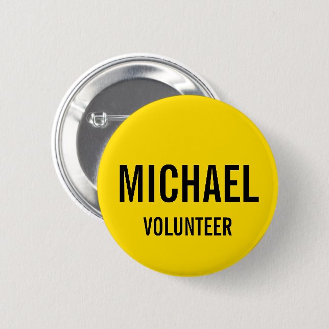 Yellow Volunteer Badge with Custom Name Pinback Button (Front & Back)