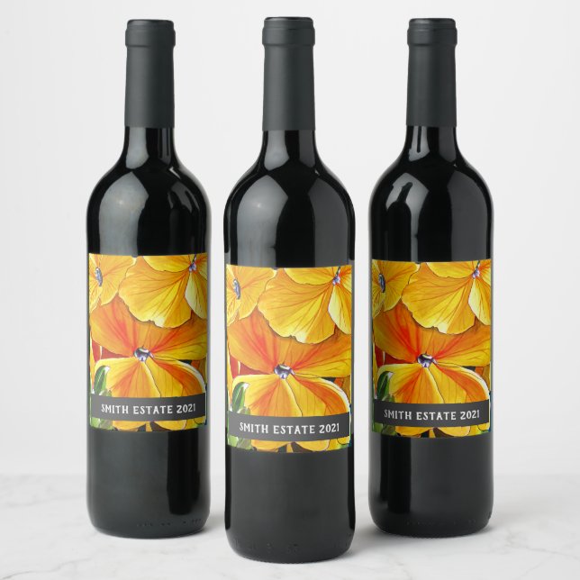 Yellow wallflower watercolor floral art wine label (Bottles)