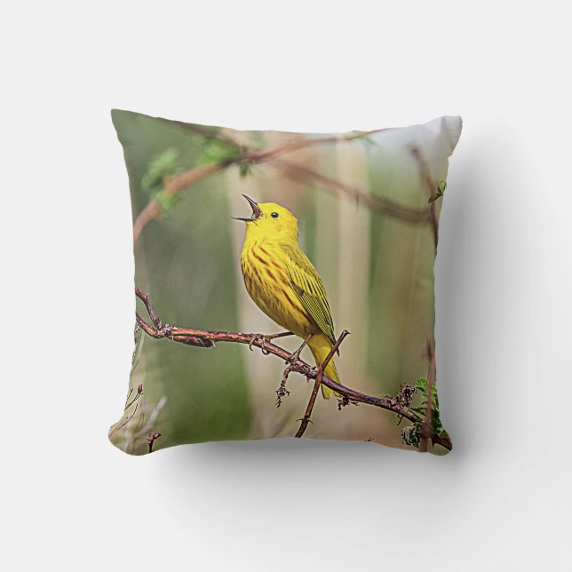 Yellow Warbler Singing Throw Pillow (Front)