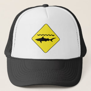 Yellow 'warning sharks' sign trucker hat