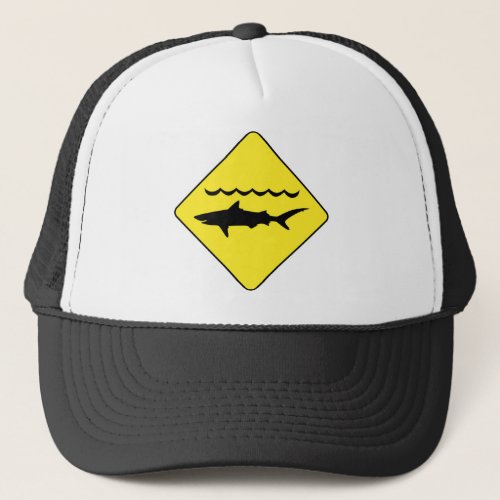 Yellow warning sharks sign trucker hat