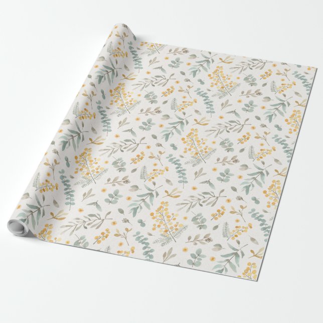 Yellow watercolor australian wattle eucalyptus wrapping paper (Unrolled)