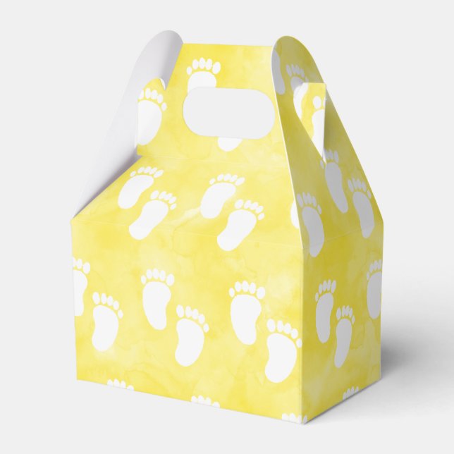 Yellow Watercolor Baby Shower Footprint Pattern Favor Boxes (Front Side)