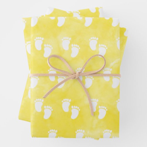 Yellow Watercolor Baby Shower Footprint Pattern Wrapping Paper Sheets