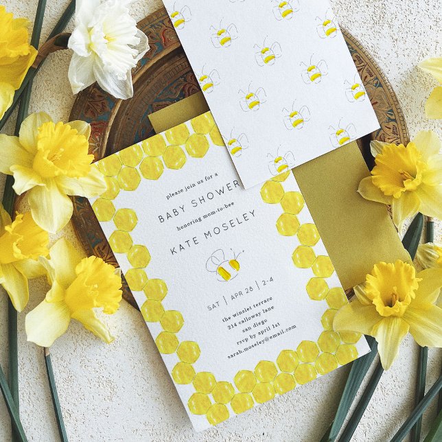 Yellow Watercolor Beehive Frame Baby Shower Invitation (Buzzing bees baby shower yellow watercolor invitation.)