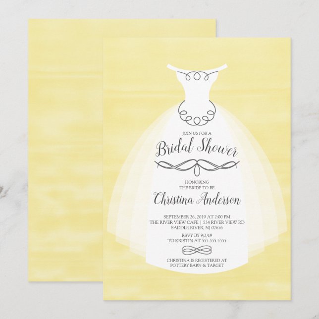 Yellow Watercolor Bride Gown Bridal Shower Invitation (Front/Back)