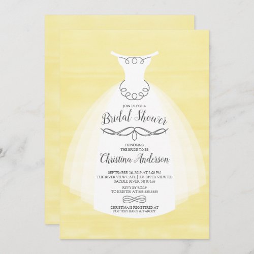 Yellow Watercolor Bride Gown Bridal Shower Invitation