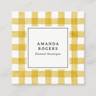 Yellow Watercolor Buffalo Plaid QR CODE modern  Square Business Card