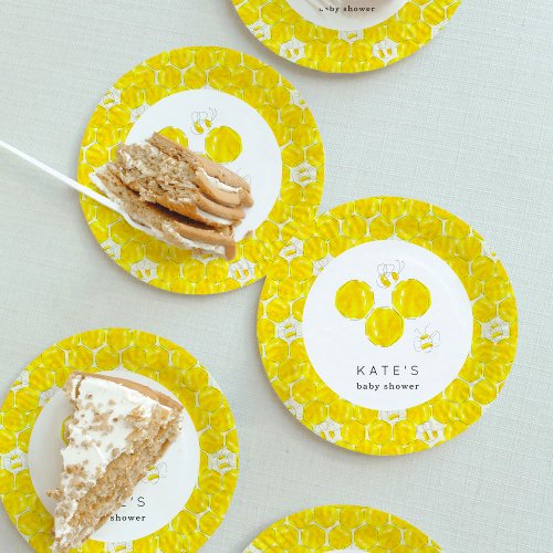 Yellow Watercolor Bumble Bee Beehive Baby Shower Paper Plates