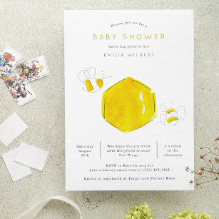 Yellow Watercolor Bumble Bee Hive Baby Shower Invitation