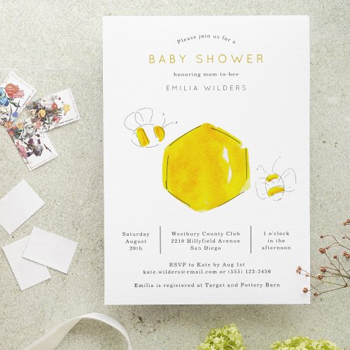 Yellow Watercolor Bumble Bee Hive Baby Shower Invitation