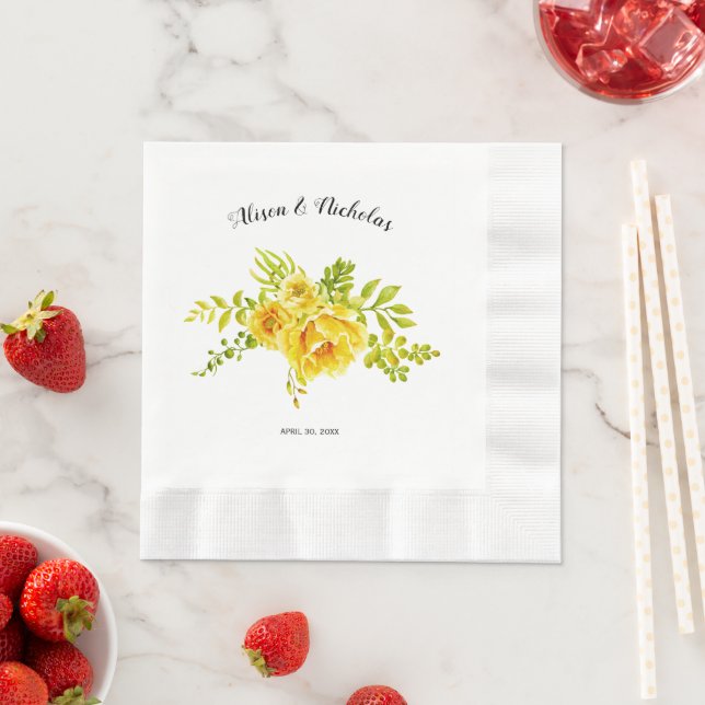 Yellow watercolor cactus flowers floral wedding napkins (Insitu)