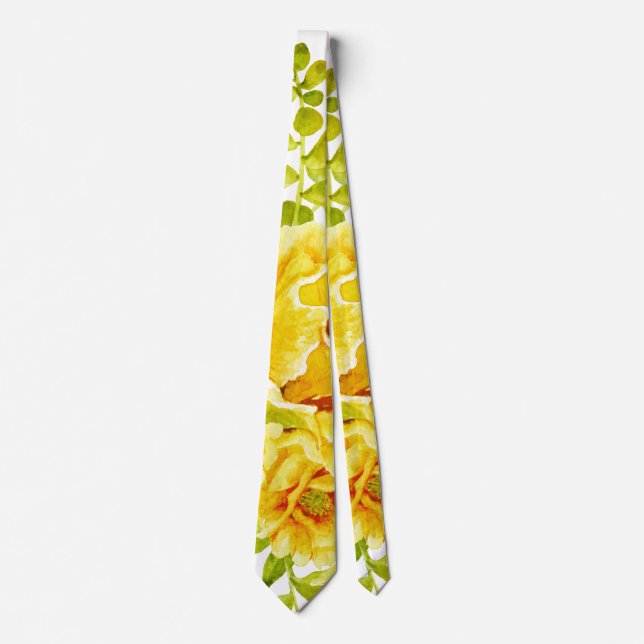 Yellow watercolor cactus flowers, succulent neck tie (Front)