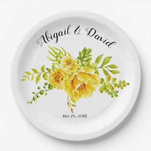 Yellow watercolor cactus flowers succulent wedding paper plates