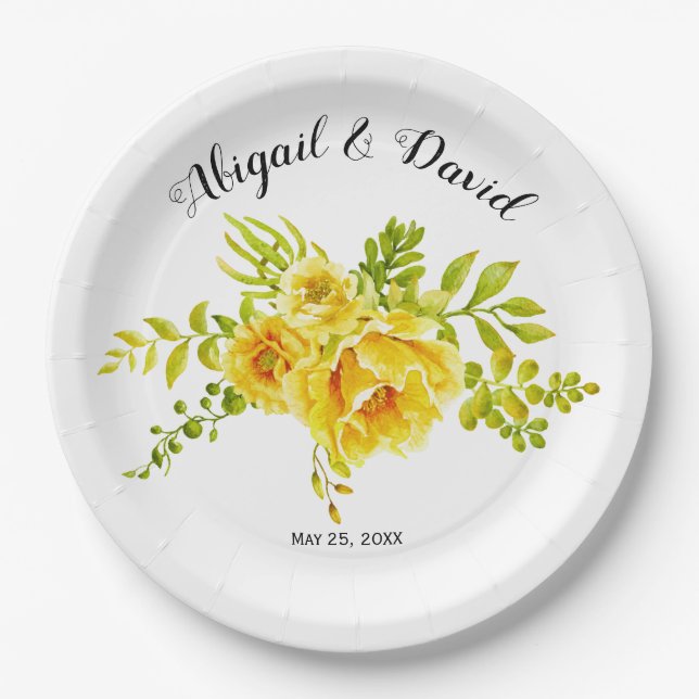 Yellow watercolor cactus flowers succulent wedding paper plates (Front)