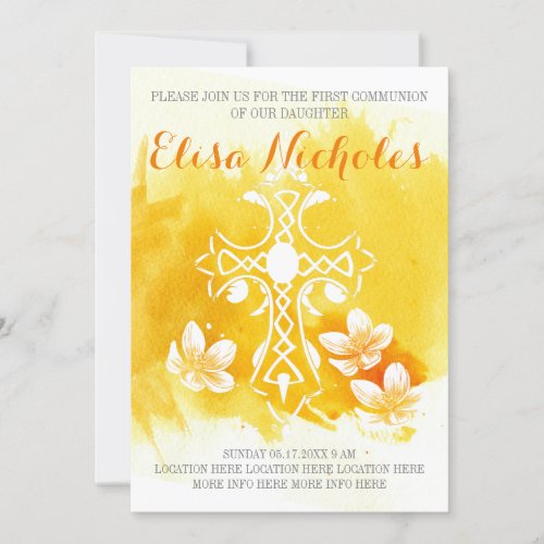 Yellow watercolor cross floral First Communion Invitation