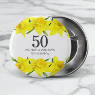 Yellow Watercolor Daffodil 50th Birthday Party Button