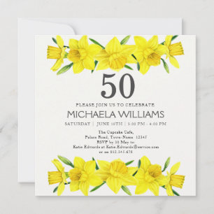 Yellow Watercolor Daffodil 50th Birthday Party Invitation