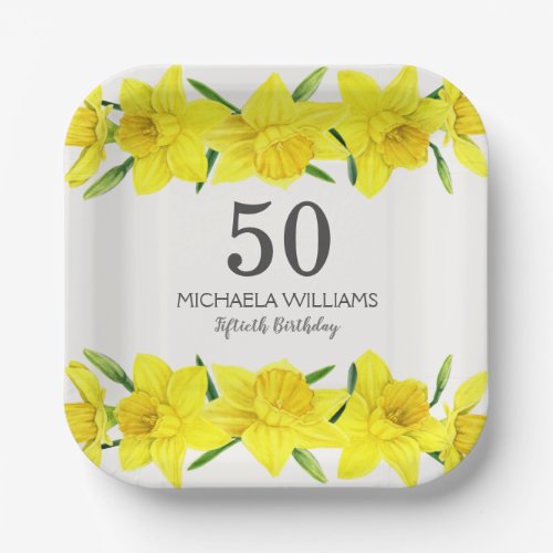 Yellow Watercolor Daffodil 50th Birthday Party Paper Plates