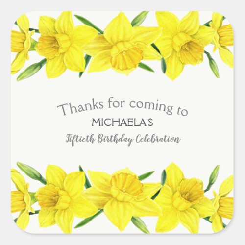 Yellow Watercolor Daffodil 50th Birthday Party Square Sticker