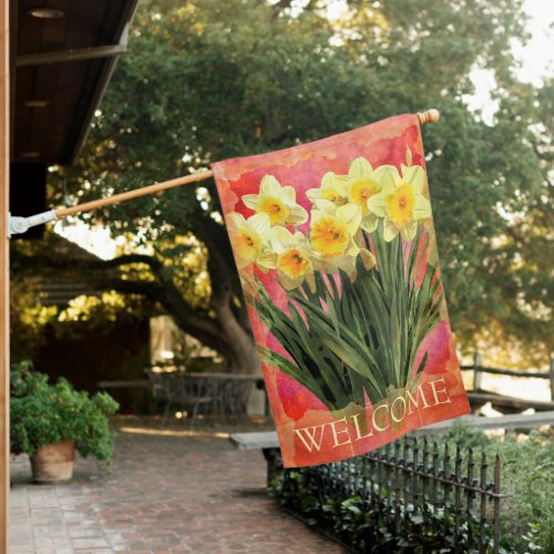 Yellow Watercolor Daffodils on Coral Welcome House Flag