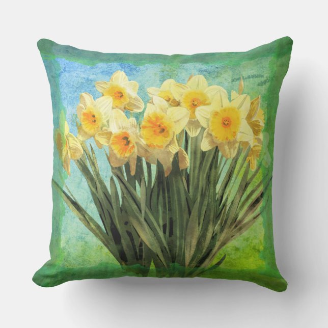 Yellow Watercolor Daffodils on Green Outdoor Pillow (Front)
