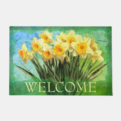 Yellow Watercolor Daffodils on Green Welcome Doormat