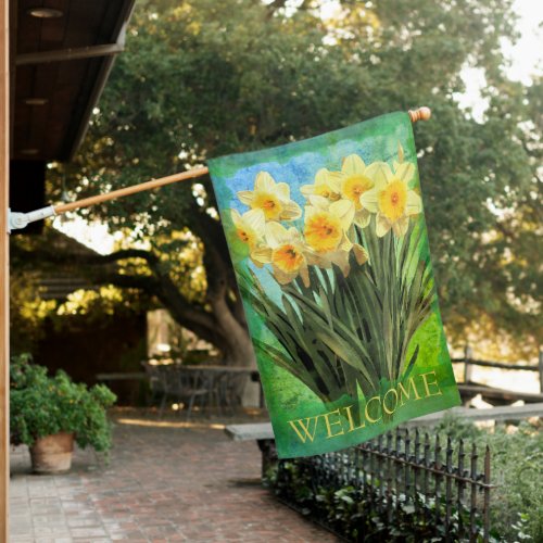 Yellow Watercolor Daffodils on Green Welcome House Flag