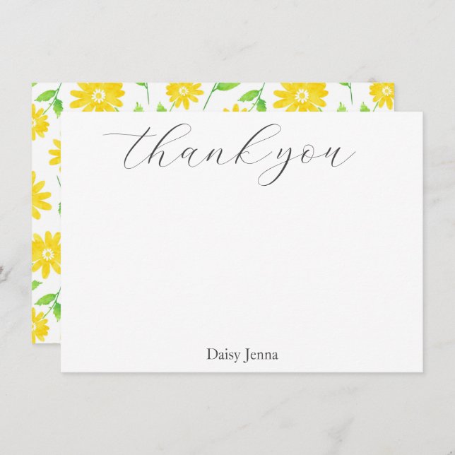 Yellow Watercolor Daisy Stems Pattern  Thank You Card (Front/Back)