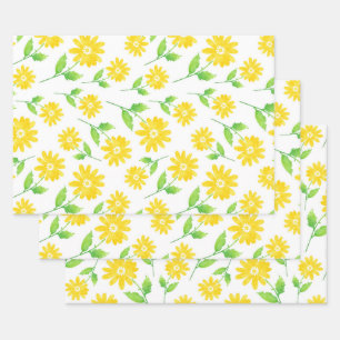 Yellow Watercolor Daisy Stems Pattern Wrapping Paper Sheets